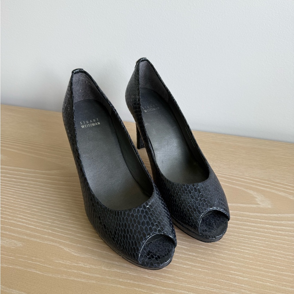 Stuart Weitzman Marine Snakeskin Peep-Toe Pumps